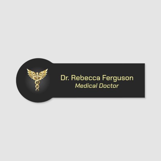 Porte-nom Caducée d'or Médicale sur noir (Devant)