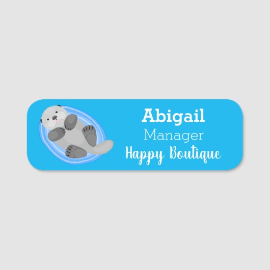 Porte-nom Caricature bleu loutre de mer joyeux (Devant)