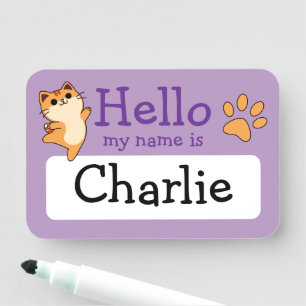 Porte-nom Chat Dessiné Orange, Empreinte de Patte, Personnal