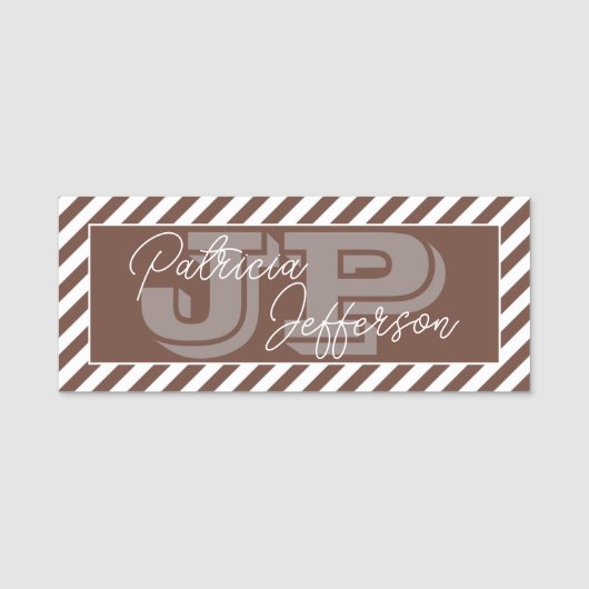 Porte-nom Chic Chocolat Brown blanc rayé Unique Monogramme (Devant)