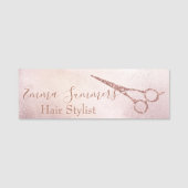 Porte-nom Ciseaux Pailletés Rose Gold Drips Coiffeur (Devant)
