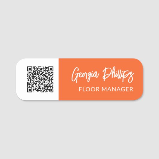 Porte-nom Citrouille Orange Blanc QR Code Brush Script (Devant)