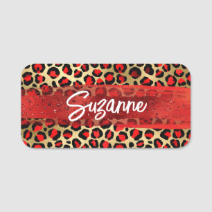 Porte-nom Coups de pinceau léopard à feuille d'or rouge et n