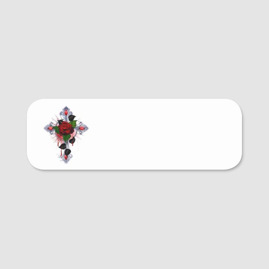 Porte-nom Croix d'argent avec une rose rouge (Devant)