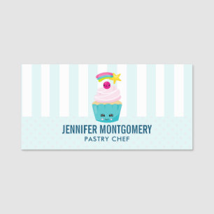 Porte-nom Cupcake bleu mignon avec visage Kawaii