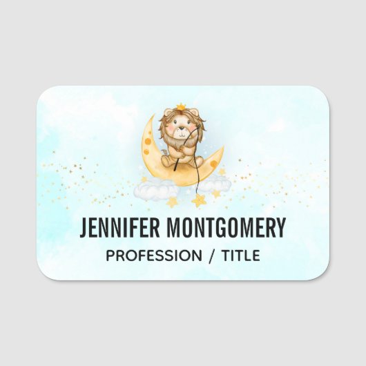 Porte-nom Cute Lion Pêche sur l'aquarelle de la lune (Devant)