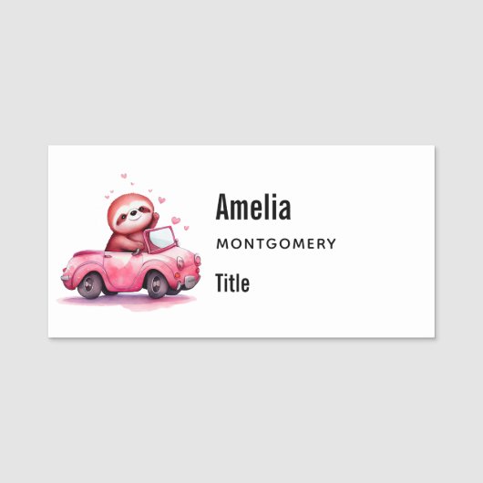 Porte-nom Cute Sloth Driving a Pink Convertible (Devant)