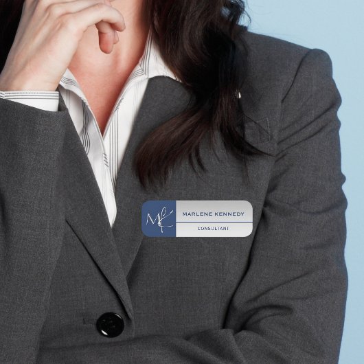 Porte-nom Élégant Monogramme Argent Marine Logo bleu employé