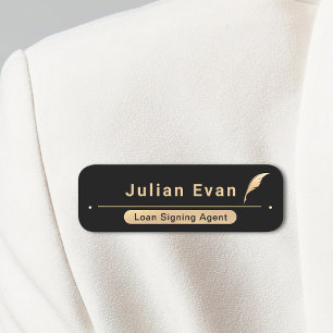 Porte-nom Elégante Noir et Or Notaire Publique Quill Icon