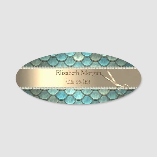 Porte-nom Elégante tendance, perles, ciseau d'or (Devant)