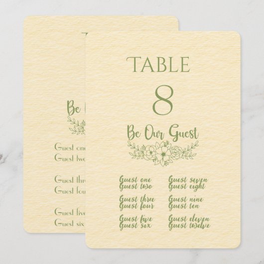 Porte-nom et numéro de table jaune beurre et vert  (Devant / Derrière)