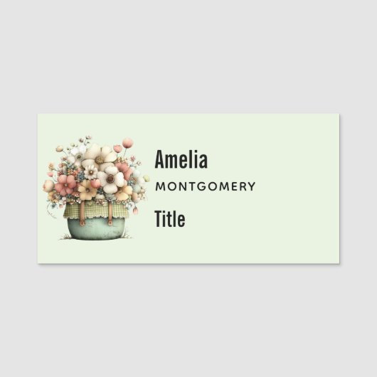 Porte-nom Fleurs dans un pot confortable shabby mignon (Devant)