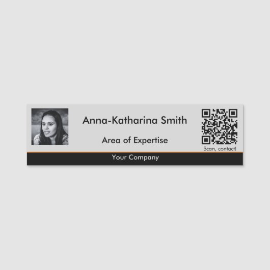 Porte-nom Image professionnelle Code QR Orange Accents gris (Devant)