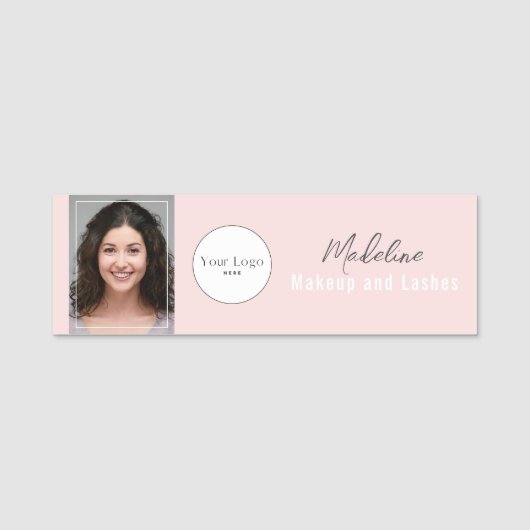 Porte-nom Logo de script rose poudré Photo Maquillage (Devant)