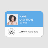Porte-nom Logo de société simple Photo d'employé bleu clair (Devant)