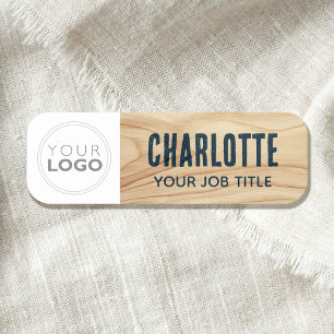 Porte-nom Logo d'employé en bois rustique bleu marqué