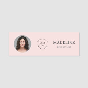 Porte-nom Logo Photo Coiffeur Rose Pâle Moderne