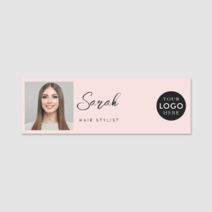 Porte-nom Logo Photo Employé de Salon de Coiffure Rose Pâle