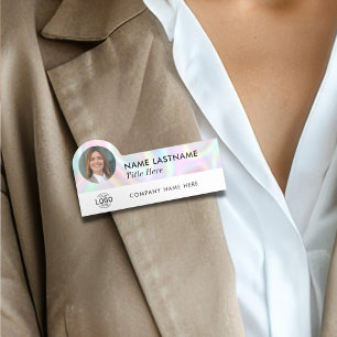 Porte-nom Logo Photo Titre Sleek Faux Employé Holographique