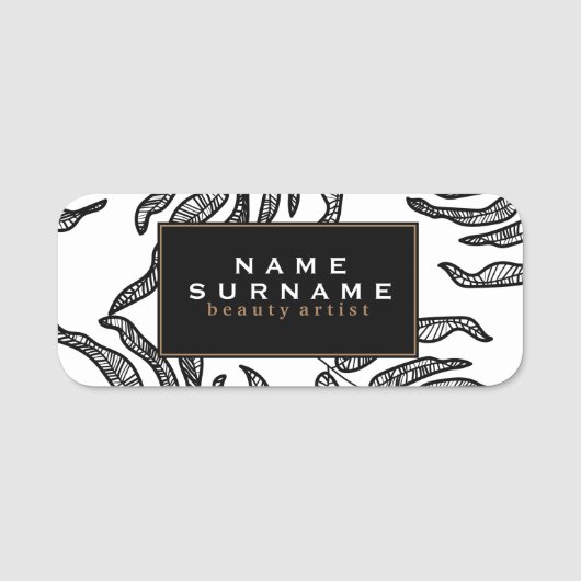 Porte-nom Moderne en noir et blanc Feuille (Devant)