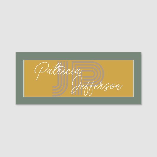 Porte-nom Monogramme manuscrit Moutarde Jaune Et Vert Sage (Devant)
