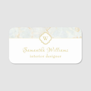 Porte-nom Monogramme Marbre Elegant Blanc Or Professionnel