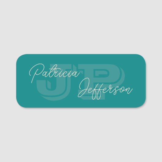 Porte-nom Monogramme Turquoise bleu vert et calligraphie man (Devant)