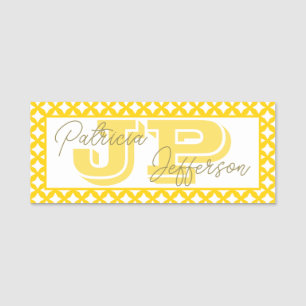 Porte-nom Motif de treillis jaune vif Monogramme Script