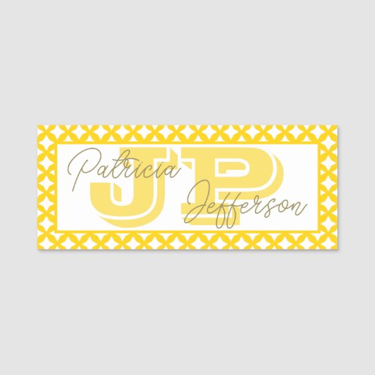 Porte-nom Motif de treillis jaune vif Monogramme Script (Devant)