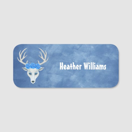 Porte-nom Mythique White Deer Head Antlers Roses sur bleu (Devant)