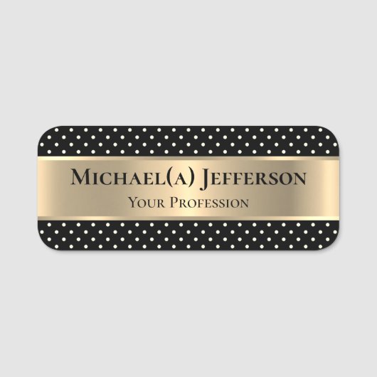 Porte-nom Or Métallique De Luxe Et Pois Blancs Sur Noir (Devant)