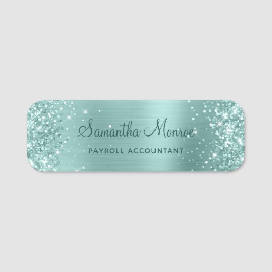 Porte-nom Pailleté Turquoise Pâle Feuille (Devant)