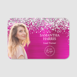 Porte-nom Paillettes Argent Rose Chaud Découpe de Photo et L