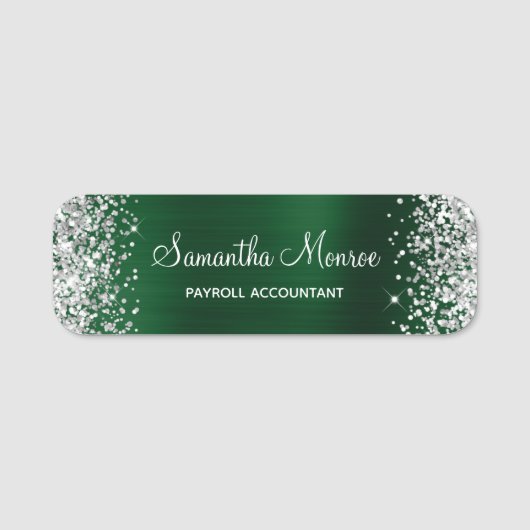 Porte-nom Paillettes Argent Vert Foncé Feuille Nom Titre (Devant)