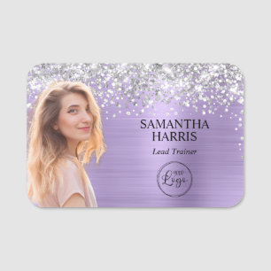 Porte-nom Paillettes Argent Violet Pâle Découpe de Photo de 