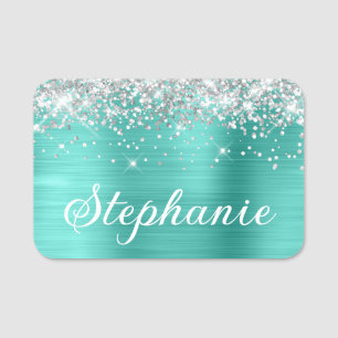 Porte-nom Paillettes Argentées et Turquoise Métalisé en Prem