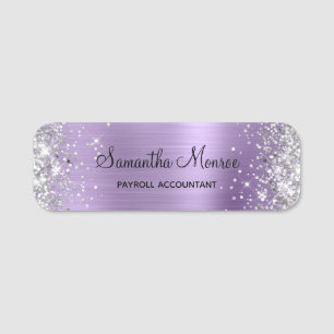 Porte-nom Paillettes Argentées Violet Clair Feuille