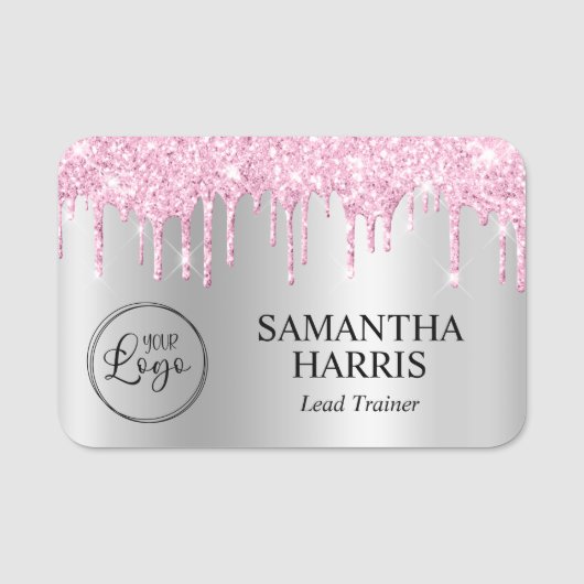 Porte-nom Pale Pink Glitter Drips Silver Shimmer (Devant)