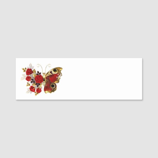 Porte-nom Papillon de fleurs rouges aux roses rouges (Devant)