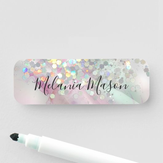 Porte-nom Parties scintillant holographique en encre d'alcoo (En situation)