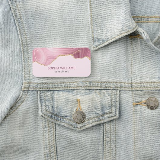 Porte-nom Parties scintillant or en marbre rose (En situation)