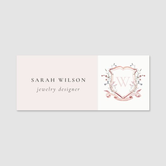 Porte-nom Pastel Rose Fleur sauvage Aquarelle Crest Monogram (Devant)