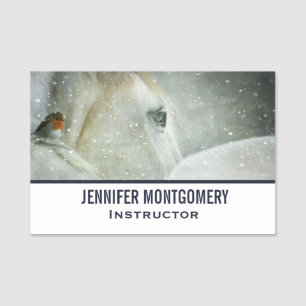 Porte-nom Photo de White Horse and Bird en hiver