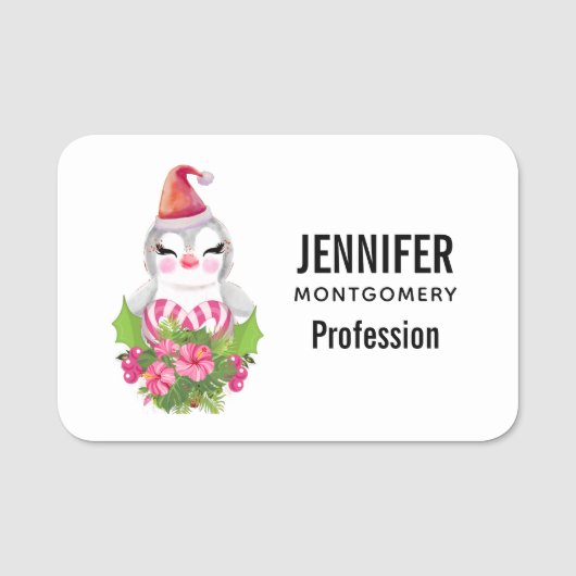 Porte-nom Pingouin de Noël mignon à Santa Hat (Devant)