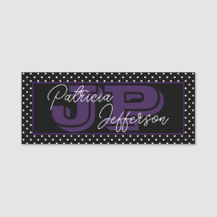 Porte-nom Point Polka noir et blanc : Chic violet monogramme