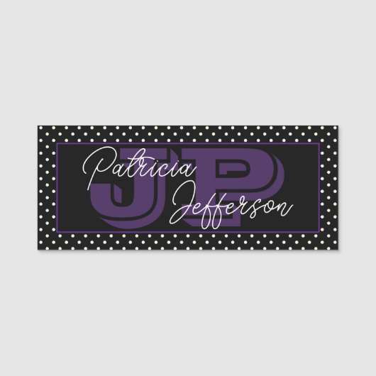 Porte-nom Point Polka noir et blanc : Chic violet monogramme (Devant)