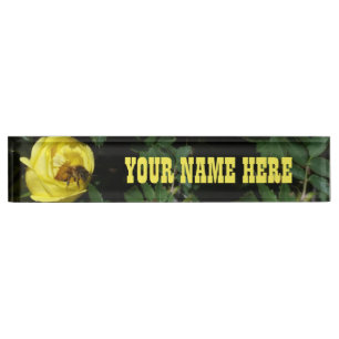 Porte-nom Pour Bureau Abeille de miel pollinisant le rose jaune