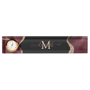 Porte-nom Pour Bureau Agate Burgundy Pailleté Or Élégant et Stylé
