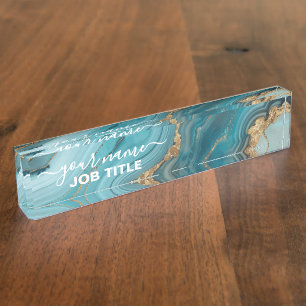 Porte-nom Pour Bureau Agate de Parties scintillant Turquoise et Or