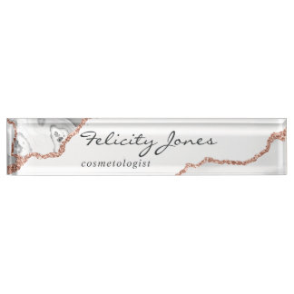 Porte-nom Pour Bureau Agate d'or blanc et Rose